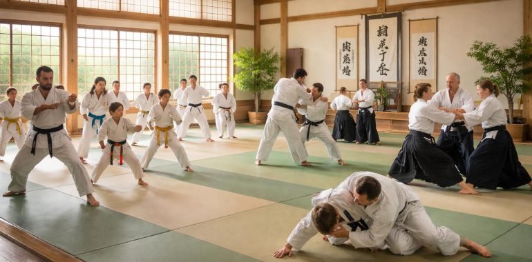 découvrez la pratique des arts martiaux japonais dans un dojo traditionnel : karaté, judo et aïkido pour renforcer le corps et cultiver l'esprit.